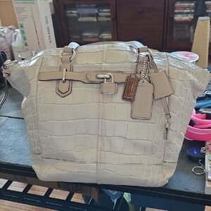 Coach Croc-Embossed Leather Tote in Light Taupe